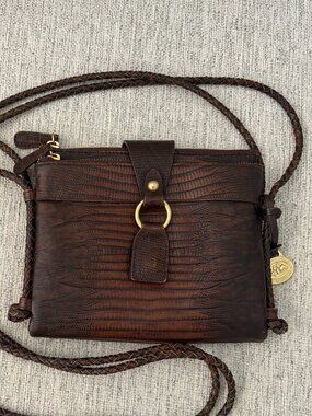 Vintage Brahmin Mojito Braided Strap Crossbody Reptile Embossed Leather Dk Brown